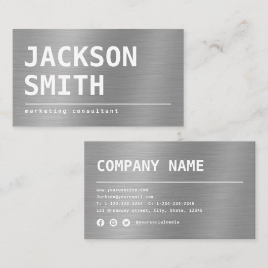 Moderne Eenvoudige Silver Metal professional Visitekaartje (Voorkant / Achterkant)