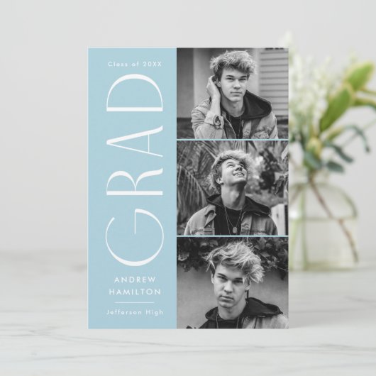 Moderne Eenvoudige Sky Blue Photo Graduparty Kaart (Staand voorkant)