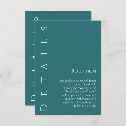 Moderne eenvoudige smaragd groen-bruiloft details- informatiekaartje (Voorkant / Achterkant)