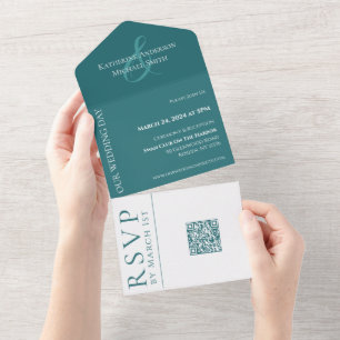Moderne Eenvoudige Smaragd Groene Huwelijk-QR code All In One Uitnodiging