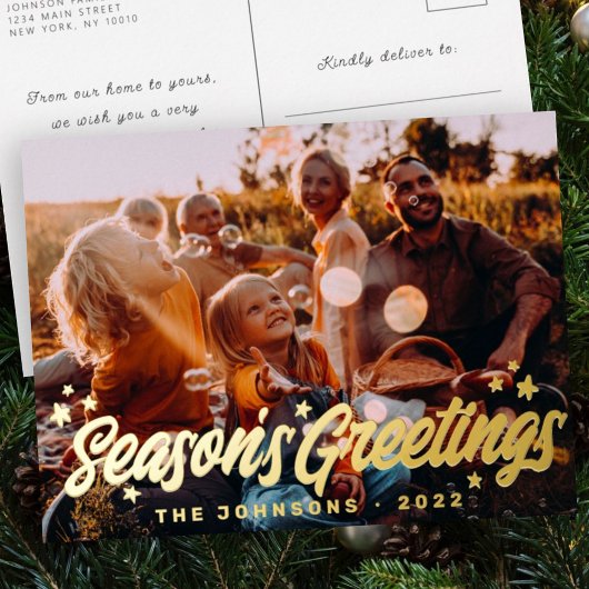 Moderne eenvoudige speelse groetjes Sterren Folie Feestdagen Briefkaart