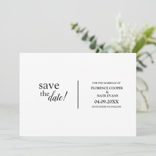 Moderne, eenvoudige, typografische bruiloft save the date (Staand voorkant)