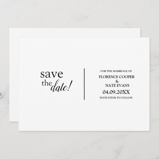 Moderne, eenvoudige, typografische bruiloft save the date (Voorkant / Achterkant)