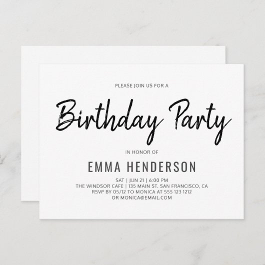 Moderne eenvoudige verjaardagsfeest in penseel uitnodiging briefkaart (Voorkant / Achterkant)