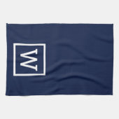 Moderne Eenvoudige Vierkante Rand Monogram Navybla Theedoek (Horizontaal)