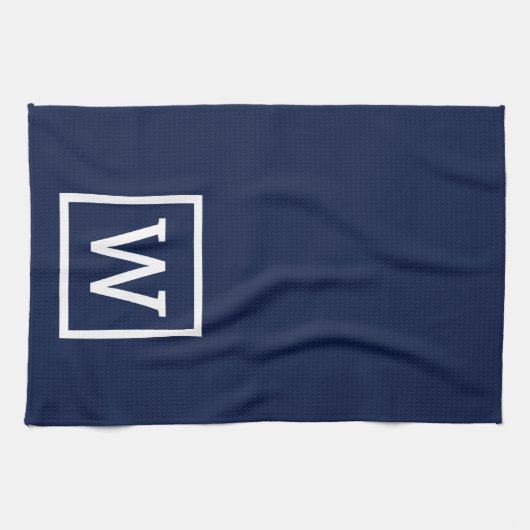 Moderne Eenvoudige Vierkante Rand Monogram Navybla Theedoek (Horizontaal)