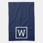 Moderne Eenvoudige Vierkante Rand Monogram Navybla Theedoek (Verticaal)