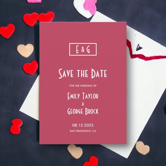 Moderne Eenvoudige Viva Magenta Monogram Chic Huwe Save The Date