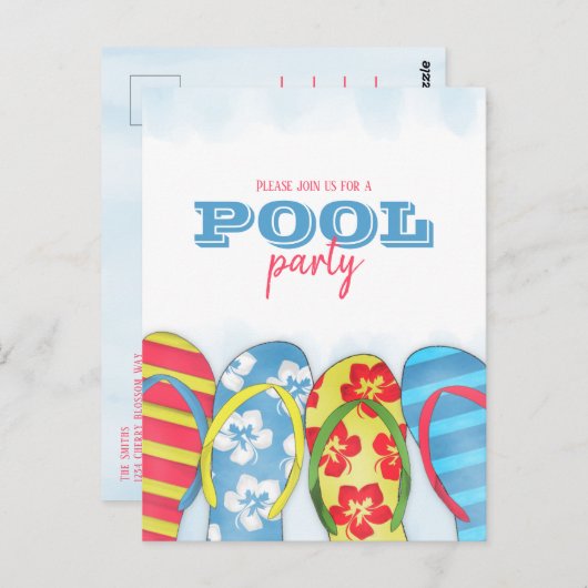Moderne Eenvoudige Waterverf Flip Flop Pool Party Briefkaart (Voorkant / Achterkant)