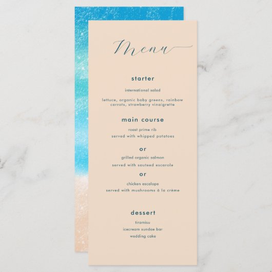Moderne eenvoudige Waterverf Sandy Beach bruiloft Menu (Voorkant / Achterkant)