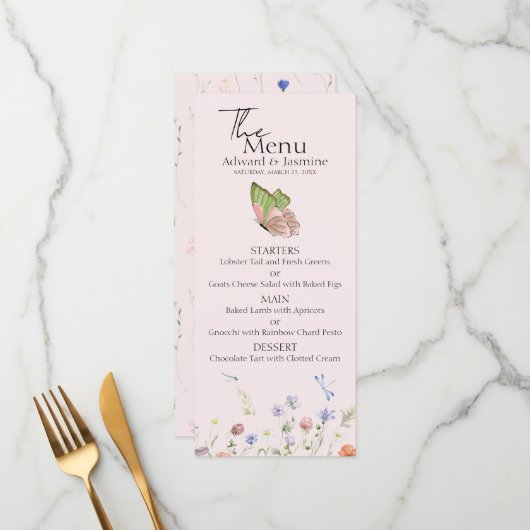 Moderne Eenvoudige Wilde Bloem Bruiloft Menu (Voorkant / Achterkant in situ)