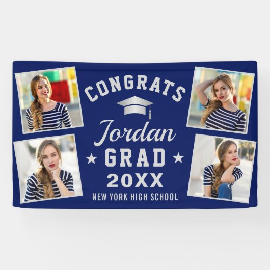 Moderne, eenvoudige, zilverblauw Afstuderen 4-FOTO Spandoek (Horizontaal)
