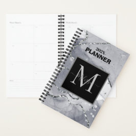 Moderne Eenvoudige Zilveren Marmer Monogram Planner