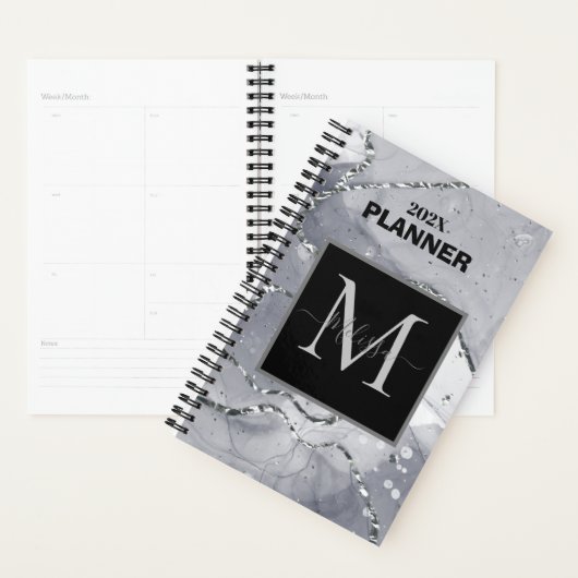 Moderne Eenvoudige Zilveren Marmer Monogram Planner (Display)