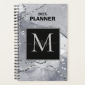 Moderne Eenvoudige Zilveren Marmer Monogram Planner (Voorkant)