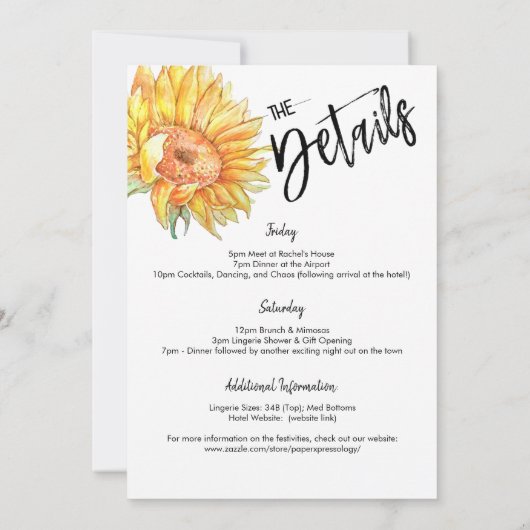 Moderne eenvoudige zonnebloem-Vrijgezellenfeest —  Kaart (Achterkant)