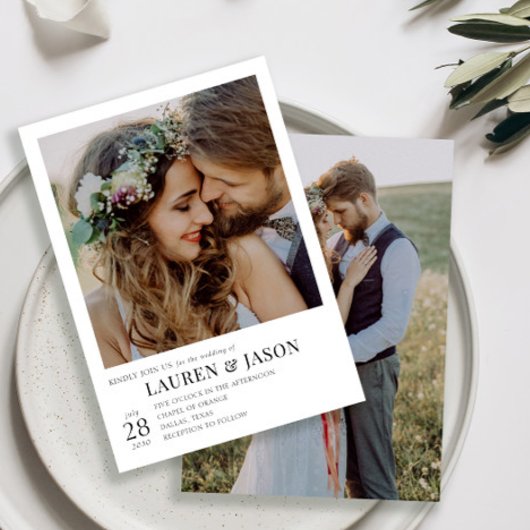 Moderne Eenvoudige  Zwart en Wit 2 Foto Huwelijk Kaart