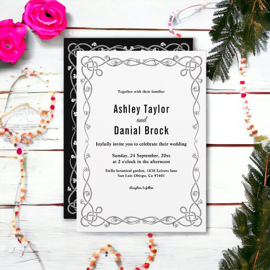 Moderne eenvoudige zwart-wit boho bloemenbruiloft kaart