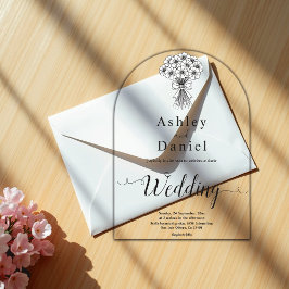 Moderne Eenvoudige Zwart & Wit Bruids Bouquet Huwe Acryl Uitnodigingen
