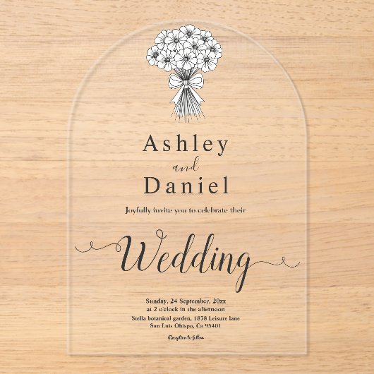 Moderne Eenvoudige Zwart & Wit Bruids Bouquet Huwe Acryl Uitnodigingen (Voorkant)