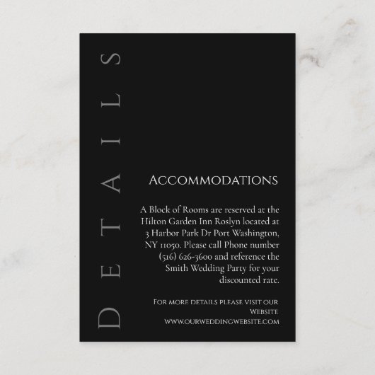 Moderne eenvoudige zwart-wit-bruiloft details- informatiekaartje (Achterkant)