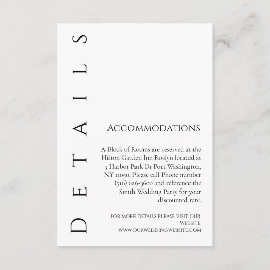 Moderne eenvoudige zwart-wit-bruiloft details- informatiekaartje (Achterkant)