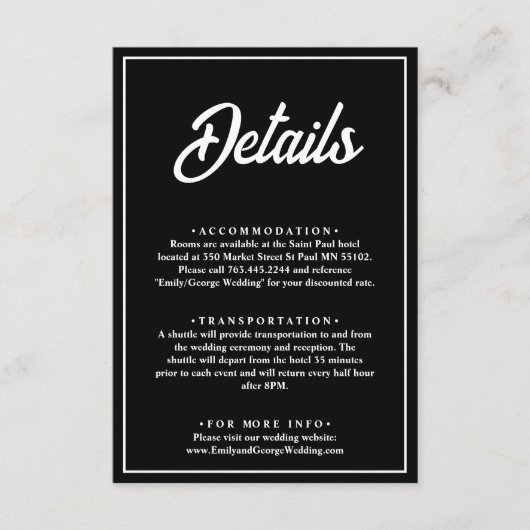 Moderne eenvoudige zwart-wit chique bruiloft detai informatiekaartje (Voorkant)
