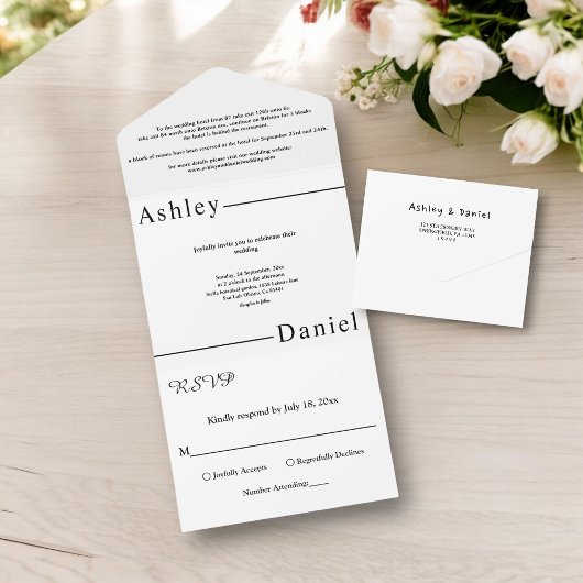 Moderne eenvoudige zwart-wit elegante bruiloft all in one uitnodiging