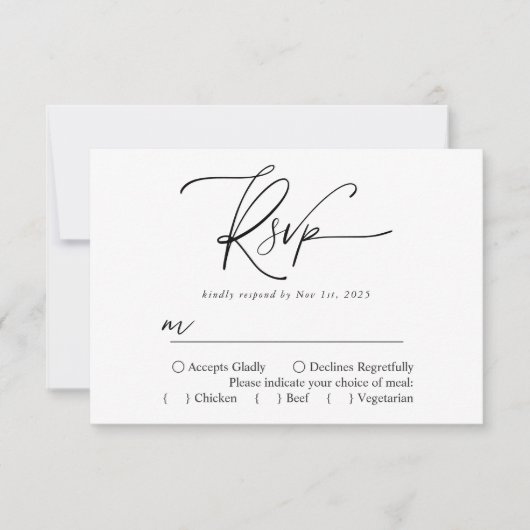 Moderne eenvoudige zwart-wit elegante kalligrafie RSVP kaartje (Voorkant)