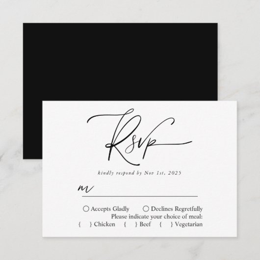 Moderne eenvoudige zwart-wit elegante kalligrafie RSVP kaartje (Voorkant / Achterkant)