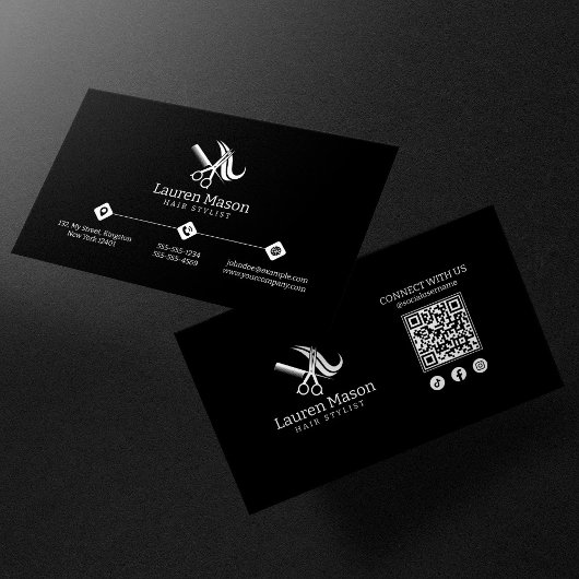 Moderne Eenvoudige Zwart-Wit Haarstyliste QR Code Visitekaartje