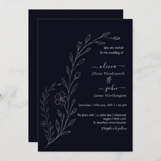 Moderne eenvoudige zwart-wit minimalistische bloem kaart (Voorkant / Achterkant)