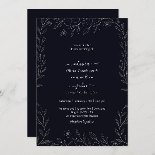 Moderne eenvoudige zwart-wit minimalistische bloem kaart (Voorkant / Achterkant)