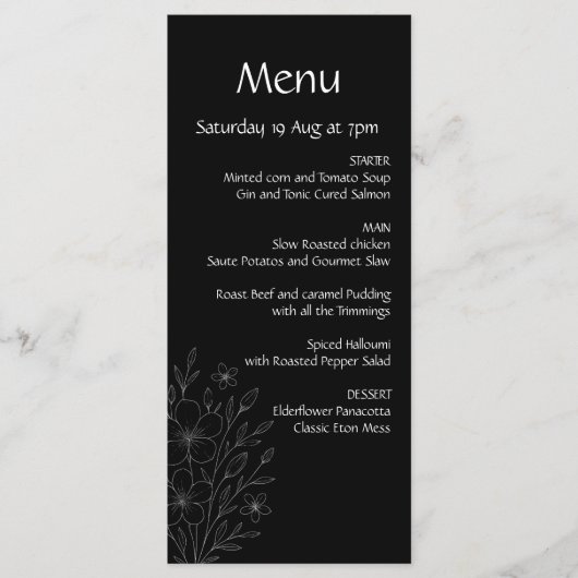 Moderne eenvoudige zwart-wit minimalistische bloem menu (Voorkant)