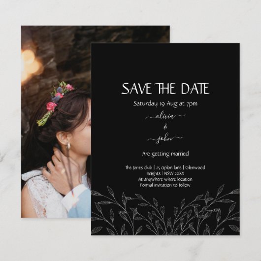 Moderne eenvoudige zwart-wit minimalistische bloem save the date (Voorkant / Achterkant)