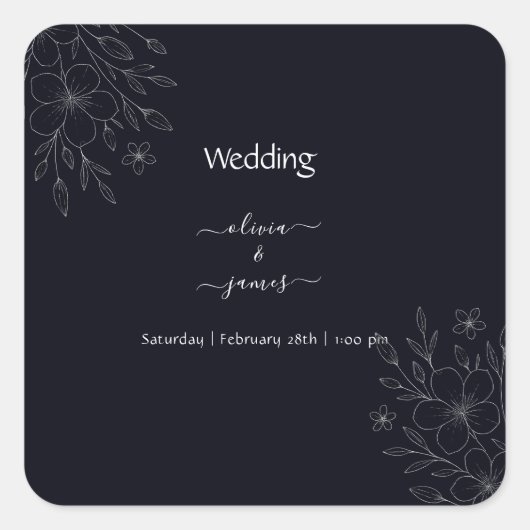 Moderne eenvoudige zwart-wit minimalistische bloem vierkante sticker (Voorkant)
