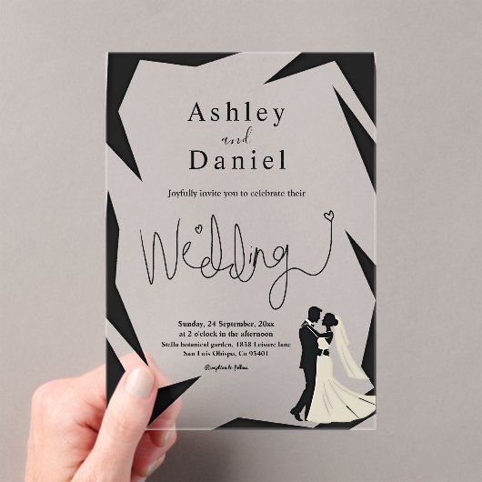 Moderne eenvoudige zwart-wit paar chique bruiloft acryl uitnodigingen (Insitu (Draagbaar))