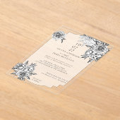 Moderne eenvoudige zwart-wit pioenen bruiloft acryl uitnodigingen (Laagn)