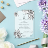 Moderne eenvoudige zwart-wit pioenen bruiloft acryl uitnodigingen (Insitu (Huwelijk))