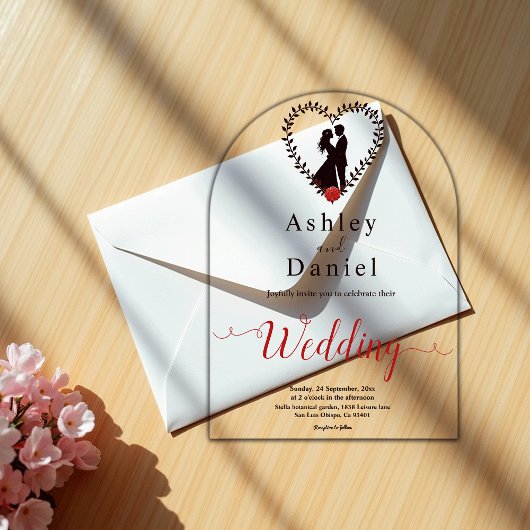 Moderne eenvoudige zwart-wit romantische bruiloft acryl uitnodigingen