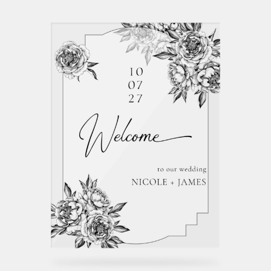 Moderne eenvoudige zwart-witte pioenen welkom acryl bord (Voorkant)
