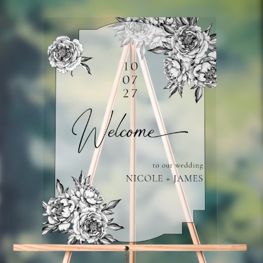 Moderne eenvoudige zwart-witte pioenen welkom acryl bord (Neutraal)