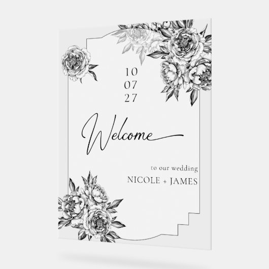 Moderne eenvoudige zwart-witte pioenen welkom acryl bord (Hoek)