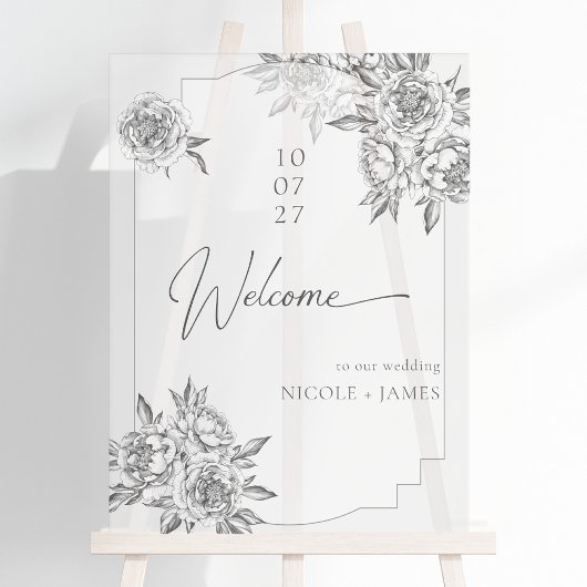 Moderne eenvoudige zwart-witte pioenen welkom acryl bord