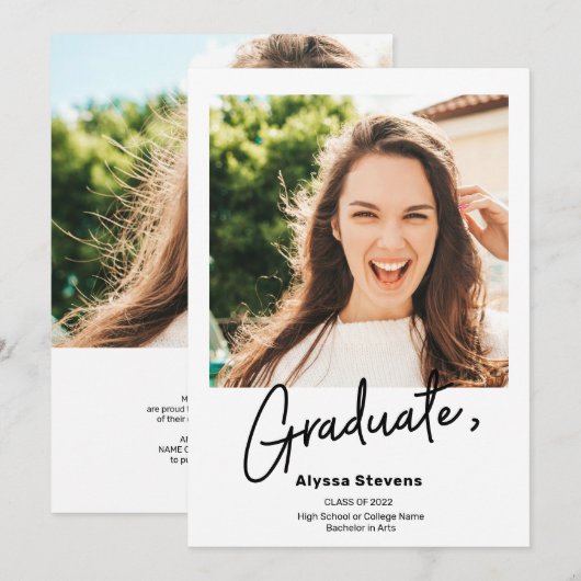 Moderne, eenvoudige zwarte 2 foto's afstuderen aankondiging (Voorkant / Achterkant)