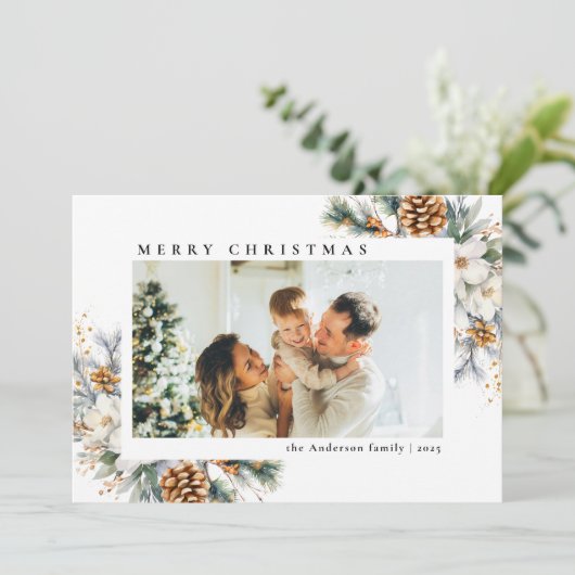 Moderne Eenvoudige Zwarte Botanische | Foto van Ke Feestdagenkaart (Staand voorkant)