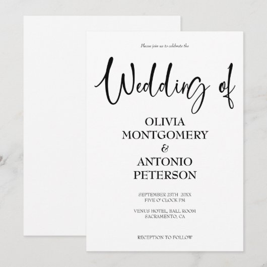 Moderne, eenvoudige zwarte en witte bruiloft kaart (Voorkant / Achterkant)