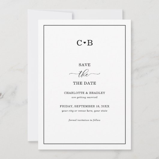 Moderne, eenvoudige zwarte en witte bruiloft save the date (Voorkant)