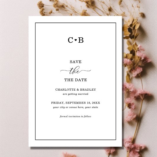 Moderne, eenvoudige zwarte en witte bruiloft save the date