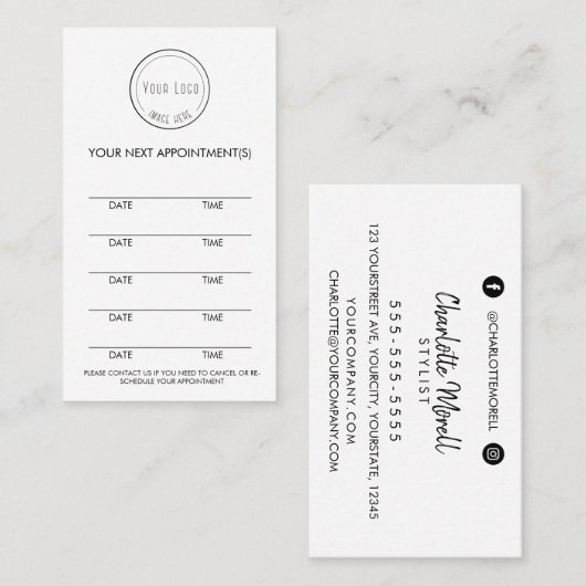 Moderne, eenvoudige zwarte en witte minimalistisch afsprakenkaartje (Voorkant / Achterkant)